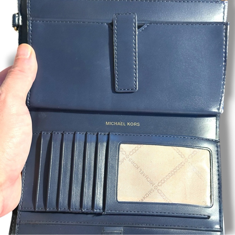 Michael Kors Jet Set Travel Double-Zip Wristlet Wallet Navy MK Mono Canvas - Picture 8 of 12